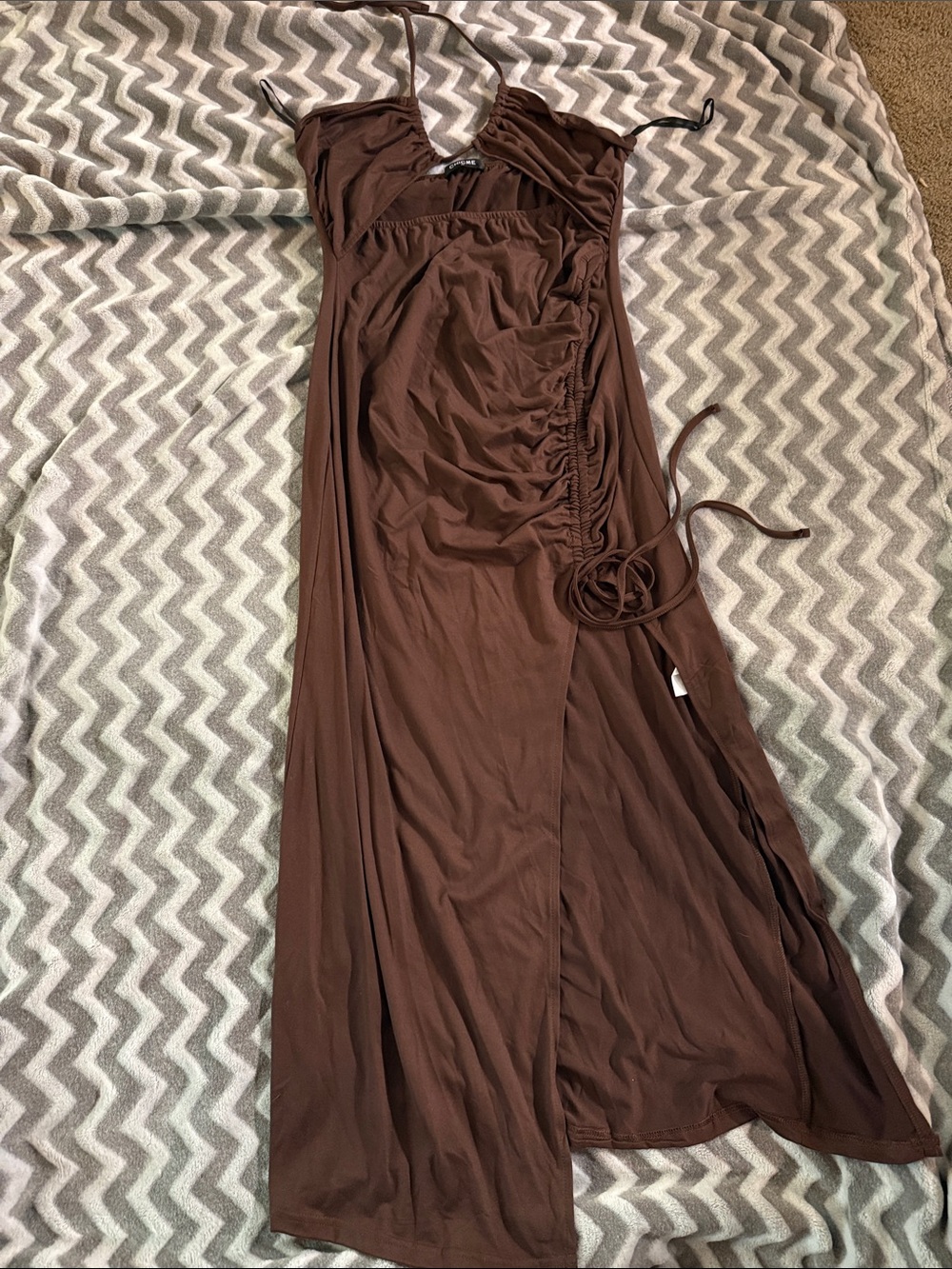 Women's Halter Maxi Dress in Brown - Halter Neck Ruched Styling